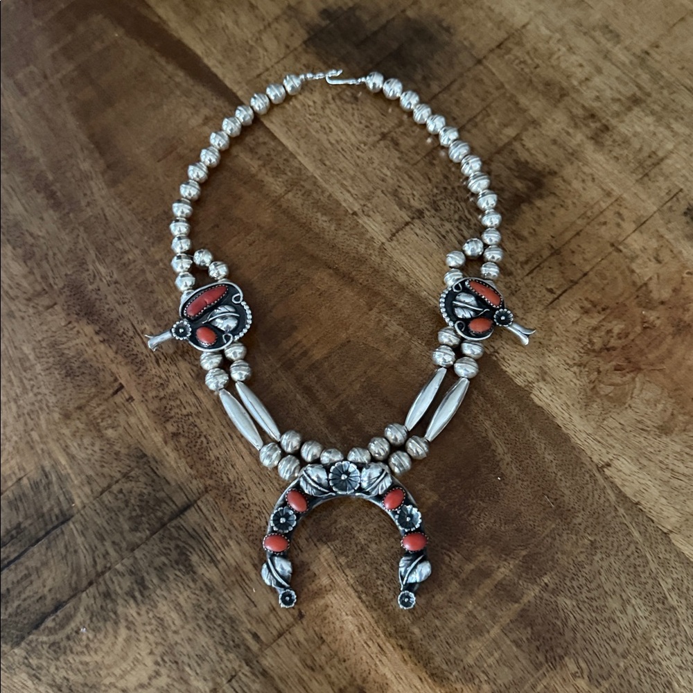 VINTAGE NADYNE STERLING SILVER AND CORAL SQUASH BLOSSOM CHOKER NECKLACE